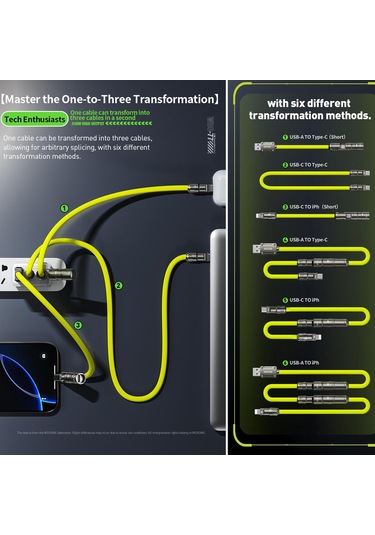 Wk Wdc-77 Convertible 3 İn 1 240w Ultra Hızlı Şarj Gerçek Silikon Veri Kablosu, Arayüz: 1'de 6 Gri