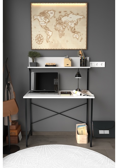 Parla Üstten Raflı Dekoratif Çalışma Masası 50x90 Cm Beyaz