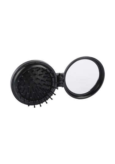 Samdoo Siyah Plastik Çift Taraflı Katlanabilir Makyaj Aynası Ve Saç Fırçası - Taşınabilir 75x65mm