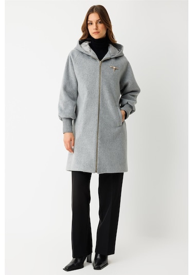 Fermuar Kapamalı Kapişonlu Kaban Gri Gri