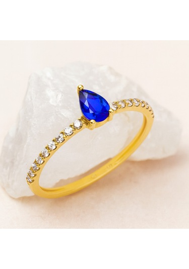14 Ayar Altın Damla Kesim Safir Yüzük 14 Ayar Altın