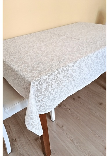 Dantel Motifli Muşamba Masa Örtüsü 140 X 180 Cm - Beyaz Renk-çiçek