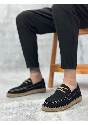 Pabucmarketi Bağcık Detaylı Doğal Deri Tozu Kauçuk El Yapımı Espadril Erkek Ayakkabı Siyah Çok Renkli