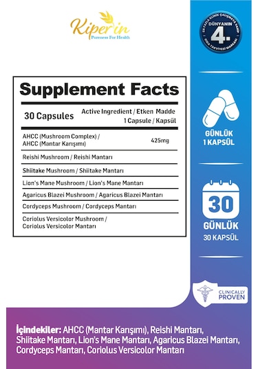 Kiperin Shenmush Ahcc, Reishi, Shiitake, Lions's Mane, Agaricus, Cordyceps Mantarları 30 Kapsül