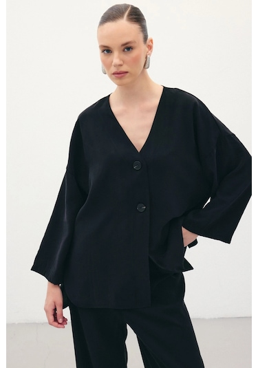 Sateen Düğmeli Kimono - Siyah Siyah