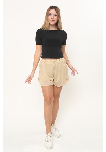 Kadın Krem Kumaş Bol Kesim Spor Şort Krem