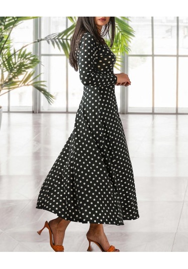 Kadın Krep Kumaş Uzun Kollu Tam Boy Puantiyeli Elbise 132 Cm Siyah
