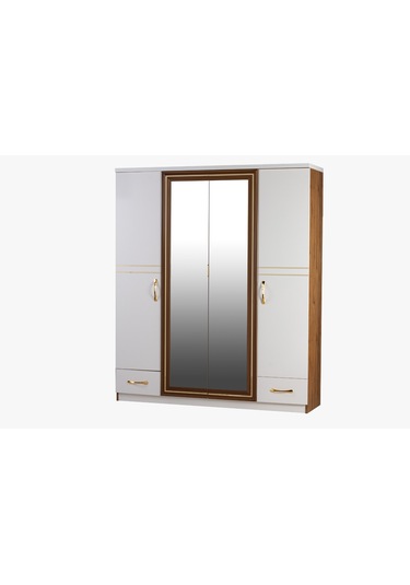 Elmas Beyaz Ahşap Çıtalı 4 Kapaklı Gardırop