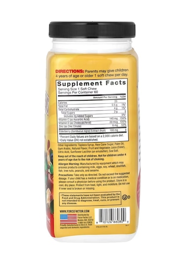 Force Factor Kids Super Chews Immunity Immune Health Apple Berry Burst 60 Soft Chews