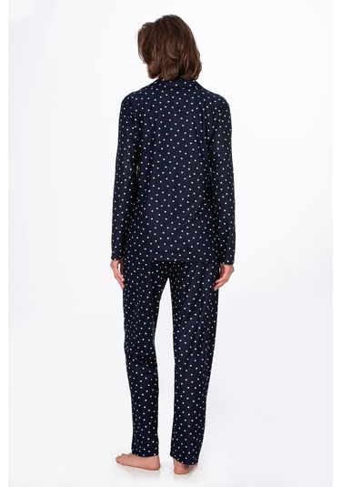 Kadın Süet Önden Düğmeli Pijama Takımı Kalpli Lacivert Kalp Lacivert