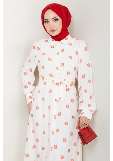 Anif Çiçek Desen Kemerli Elbise 1554 - Kırmızı Kırmızı