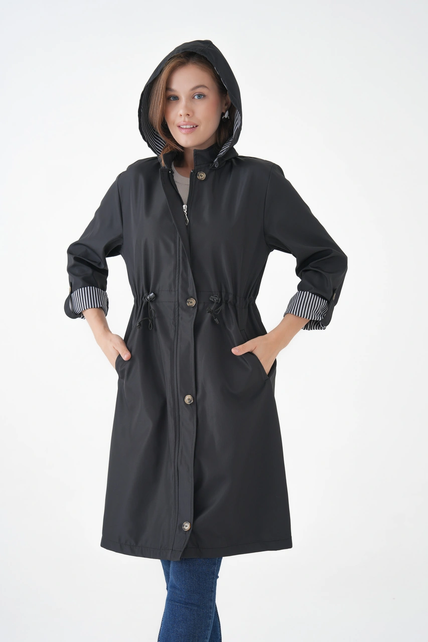 Kadın Rüzgar Ve Su Geçirmez Bondit Kumaş Çıkarılabilir Düğmeli Kapüşon Beli Tünelli Mevsimlik Trençkot Siyah