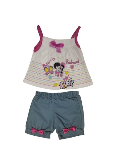 Kız Bebek Alt Üst Takım Askılı Önü Çocuklu Altı Kot Şort Beyaz