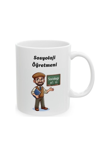 Erkek Sosyoloji Öğretmeni Hediyelik Baskılı Porselen Beyaz Lüks Kupa Bardak Beyaz