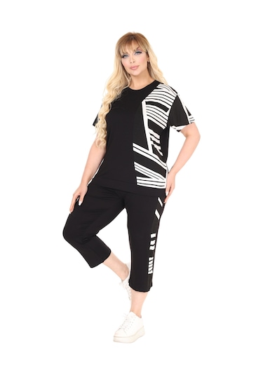 Melsay Butik Siyah Kısa Kol Yarım Çizgi Garnili Viskon Kapri Takım Siyah