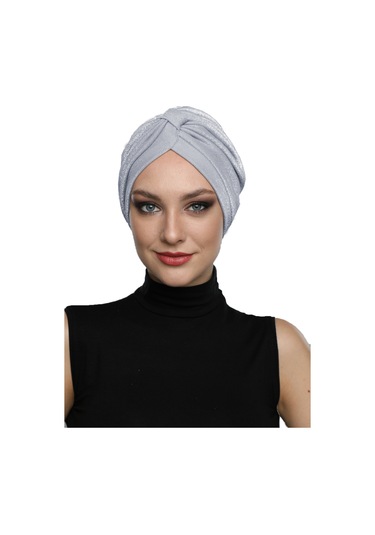 Simli Pike Çapraz Bantlı Astarlı Açık Gri Hazır Türban Tesettür Bone Abiye Açık Gri