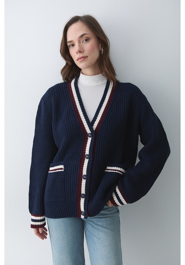 Lacivert - Bordo Renkli Cepli Hırka - 241143 Lacivert