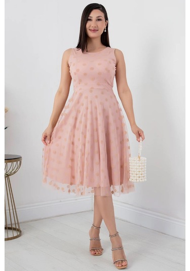 Sifir Kol Yuvarlak Abiye Elbise Pudra