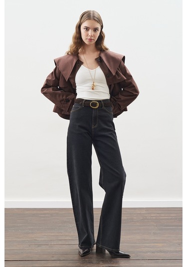 Geniş Yaka Gabardin Ceket Çikolata Çikolata