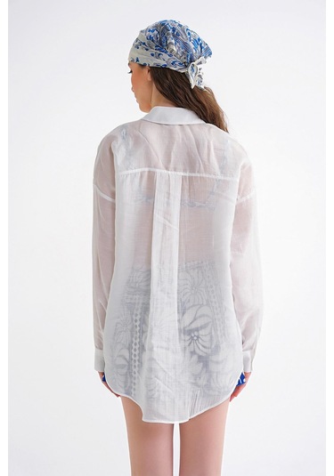 4667 Kadın İnce Oversize Modal Gömlek Beyaz Beyaz