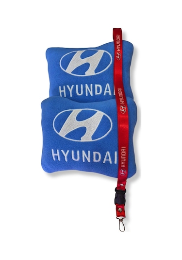 Hyundai Uyumlu Nakışlı Mavi Polar Ortopedik Araç Seyahat Boyun Yastık Hyundai Oto Ayna Askısı Mavi