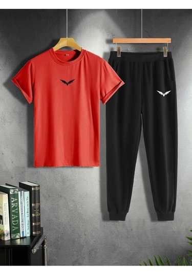 Kanat Kırmızı T-shirt Siyah Eşofman Altı Jogger - Baskılı Alt Üst Takım Oversize Bisiklet Yaka Kırmızı