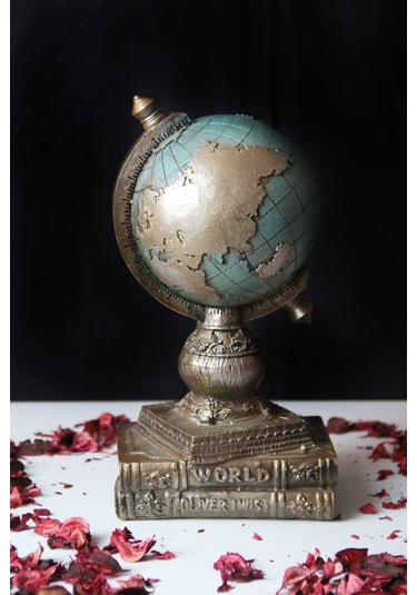 Doremcy Dekoratif Gümüş Kitaplı Dünya Küre Ev Ve Ofis Hediyelik Polyester Döküm Biblo Mavi