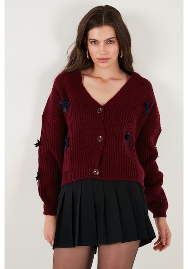 Lela Oversize Fit V Yaka Fiyonk Detaylı Düğmeli Bayan Hırka 4615577 Bordo