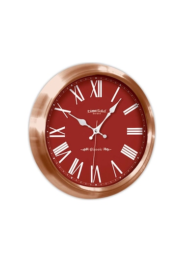 Bakır Renkli Metal Çerçeveli Salon Kırmızı Duvar Saati 34 cm Bakır