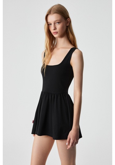 MBROS Kadın Slim Havuz Yaka Kolsuz Kısa Siyah Elbise