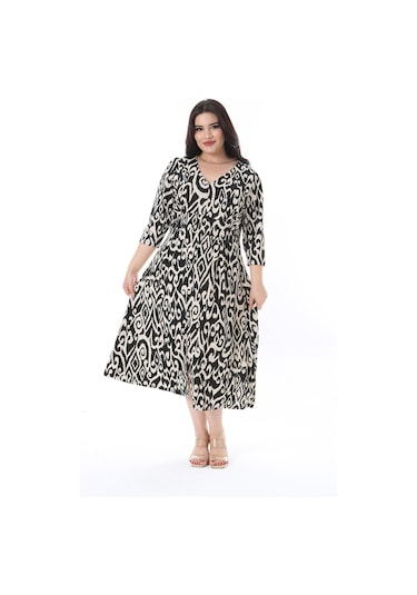 Kadın Büyük Beden Siyah Bürümcük Kumaş V Yakalı Kapri Kol Elbise 65n38206-siyah Siyah