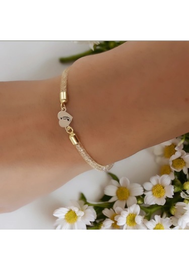 Archin İ Harfine Özel 14 Ayar Altın Plakalı Hasır Kordonlu Kalp Motifli Hediye Bileklik-474harf İ