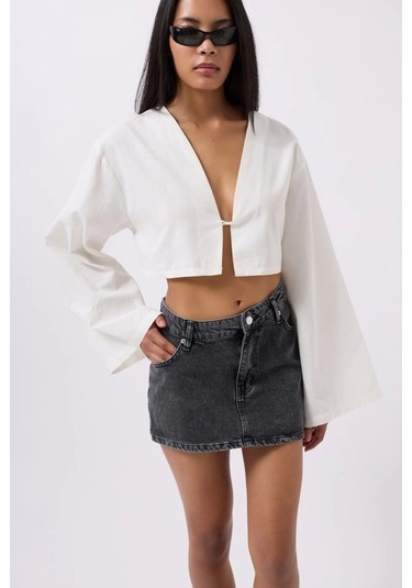 Asimetrik Bel Denim Mini Etek Siyah