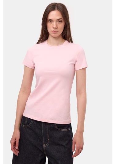 Itsbasic Kadın Light Pembe S6-98 Bisiklet Yaka %100 Organik Pamuk Esnek Kumaş T-shirt