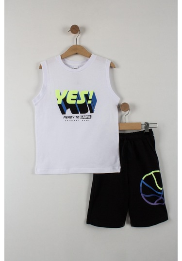 Erkek Çocuk Yes Yazılı Şortlu Takım-6087-Beyaz-Yeşil Beyaz - Yeşil
