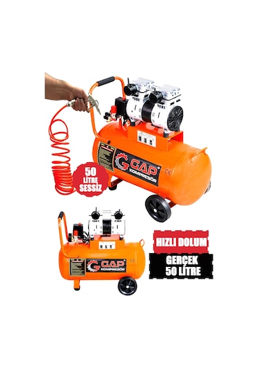 Rowermax Gap Bakır Sargı Motor Gerçek 50 Lt Süper Sessiz Yağsız Hava Kompresörü Seti