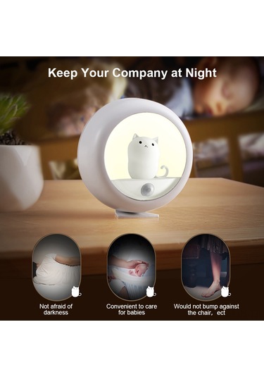 Neevoyu Kedi Desenli Entegre Sensörlü Gece Lambası - Usb Şarjlı, Sürekli/sensör Işık Modu, Duvar/üst/asma Montaj, Zirve/orta Işık Seçeneği Beyaz
