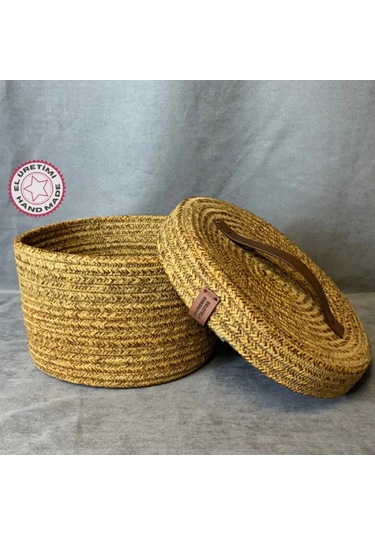 Uretti - Fatma 7987 - El Yapımı Bambu İp Deri Saplı Kapaklı Çok Amaçlı Organizer Sepet Kahverengi