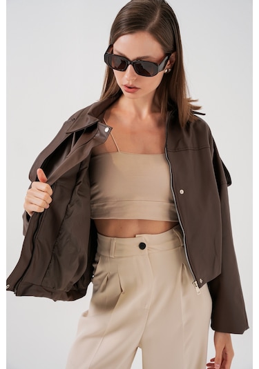 Kadın Oversize Deri Ceket 1055 - Kahverengi Kahverengi