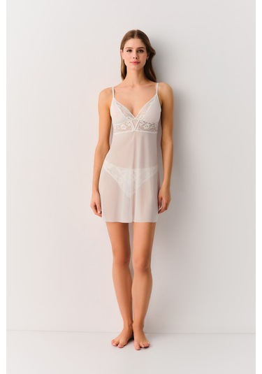 Suwen Duchess Kısa Gecelik St4375613036 Ekru
