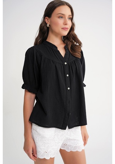 4725 Kadın Büzgü Robalı Kolu Fırfırlı Müslin Gömlek Siyah Siyah