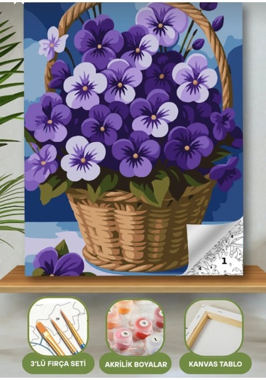 Denic Sayılarla Boyama Seti 40x50 Cm (Çıtalı) Fırça Boya Dahil Numaralı Tuval Sepet Mor Çiçekler