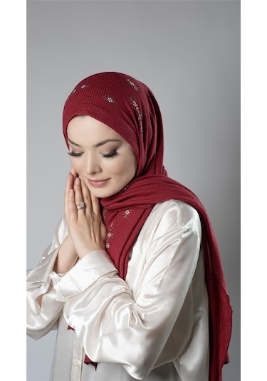 Bordo Pratik Hazır Geçmeli Tesettür Şal Örme Kumaş Taşlı Çiçek Desenli 2118c 16