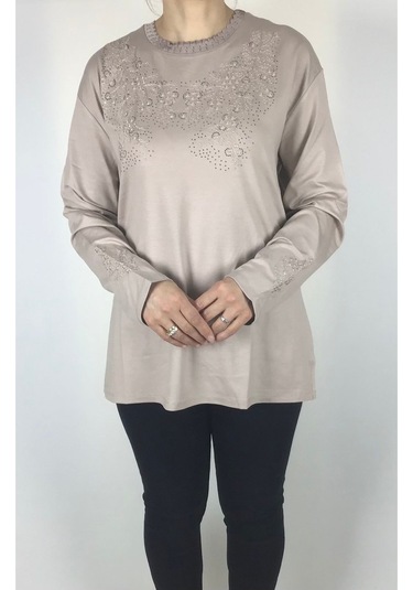 Kadın Likralı Turlu Viskon Büyük Beden Yaka Ve Kolağzı Taşlı Ve İşlemeli Bluz Krem