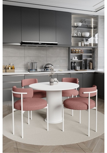 Avvio Sweet Pink Dreams Ptt Lake Mdf Ayak 4'lü Teddy Sandalye 90x90 Masa Sandalye Takımı Bukle Kumaş Beyaz