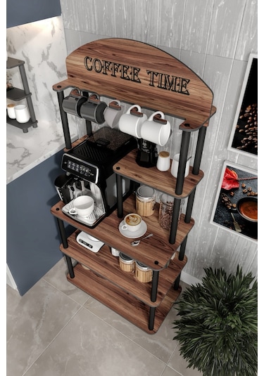 Coffee Time Dekoratif Kahve Standı Çok Amaçlı Dolap Ceviz