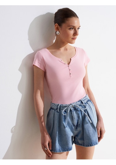 Dilvin 32688 %100 Pamuk Basic T-shirt-toz Pembe
