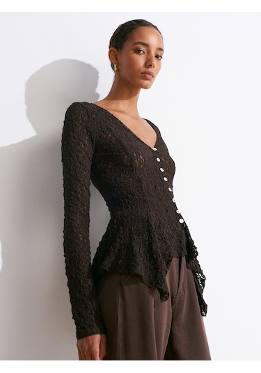 Dilvin 60433 Düğmeli Peplum Dantel Hırka-koyu Kahve Koyu Kahverengi