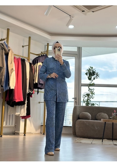 Touche Denim Efektli Payet Pantolon Mavi