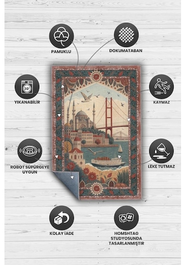 Homshtag Şehirlerde İstanbul Dijital Baskılı Şehir Temalı Halı Çok Renkli